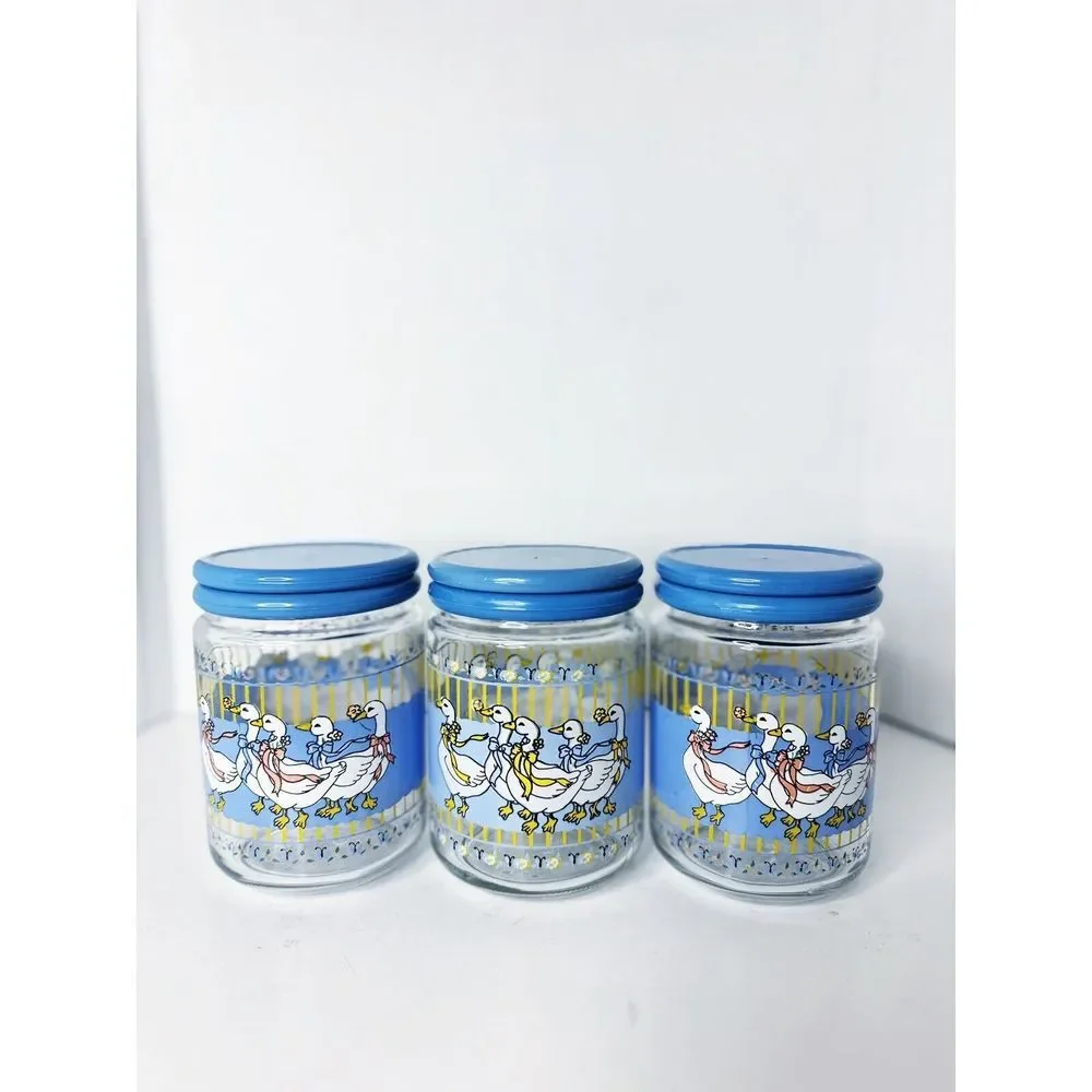 Vintage La Parfait France Winter Snow‎ Geese Small Glass Jars With Lids X 3